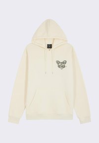 Sudadera crema clara hecha de una tela suave, con un bolsillo delantero, capucha con cordones y un diseño gráfico impreso en el pecho izquierdo.