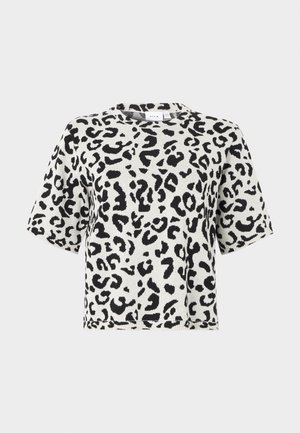 T-shirt à manches courtes à imprimé léopard noir et blanc, encolure ronde, ourlet côtelé, matière en maille douce, coupe décontractée.