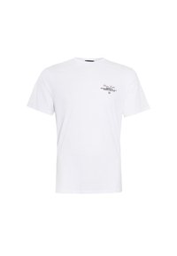 Weißes Baumwoll-T-Shirt mit kurzen Ärmeln, rundem Halsausschnitt und einem kleinen schwarzen Grafikdruck auf der oberen linken Seite.