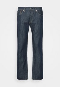 Mörkblå denimjeans med rak passform, med orange sömmar, femficksdesign och ett metallknäpp i midjan.