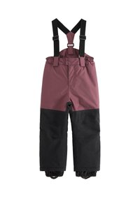 Maroon- og sorte snebukser med justerbare sorte stropper, elastisk talje og tapered manchetter. Fremstillet af vejrbestandigt materiale.