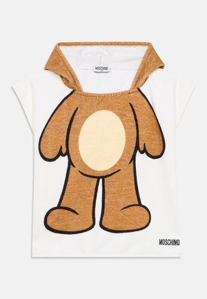 T-shirt a maniche corte con grafica di un orso in marrone e crema. Tessuto di cotone con colletto in stile felpa con cappuccio. Logo del marchio posizionato in basso.