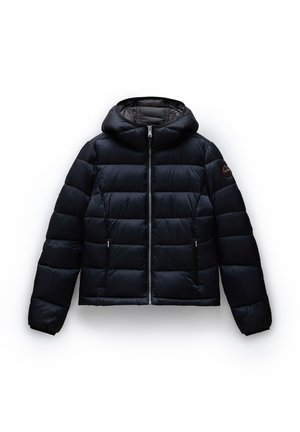 Padded black jacket with a hood, featuring a front zip closure and two side pockets. Made of smooth, lightweight fabric with a quilted design.