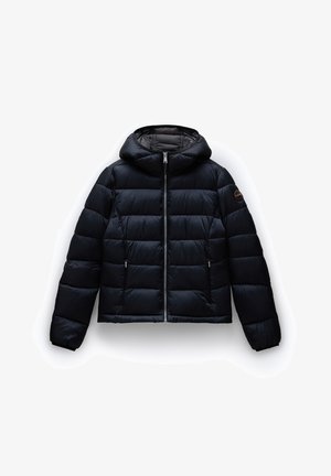 Padded black jacket with a hood, featuring a front zip closure and two side pockets. Made of smooth, lightweight fabric with a quilted design.