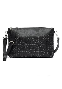 Borsa a tracolla in pelle nera con motivo a spicchi di sole in metallo, forma rettangolare, tracolla regolabile e chiusura con zip superiori.