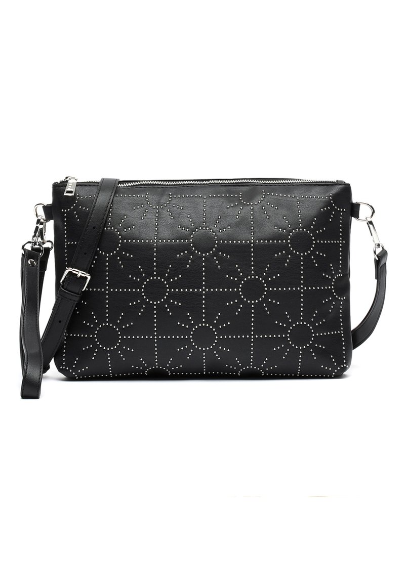 Borsa a tracolla in pelle nera con motivo a spicchi di sole in metallo, forma rettangolare, tracolla regolabile e chiusura con zip superiori.