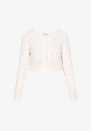 Krótkie białe kardigan wykonany z dzianiny o strukturze z diamentowymi wzorami, zapinany na guziki, z prążkowaniem na dole i na rękawach.