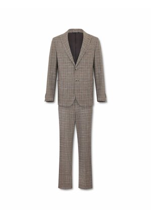 Bruin geruit herensuit met twee knopen, jasje met inkeping revers en bijpassende broek met rechte pijpen, afgebeeld tegen een witte achtergrond.