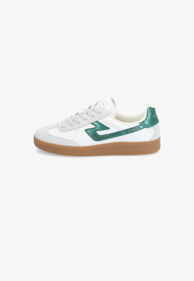 White leather sneaker with green metallic accents, textured grey suede patch, and light brown rubber sole. Features lace-up closure.