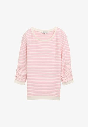 Világos rózsaszín csíkos pulóver háromnegyedes ujjal. Puha anyag, redőzött ujjak, valamint krémszínű mandzsetták és nyakrésszel.