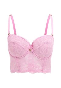 Pink lace bra with padded cups, floral patterns, adjustable satin straps, and a central gold button detail; sheer material at the sides.
