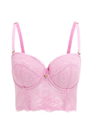 Pink lace bra with padded cups, floral patterns, adjustable satin straps, and a central gold button detail; sheer material at the sides.
