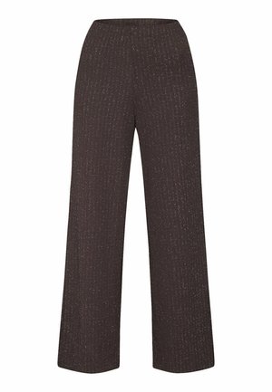 Bukser med vide ben lavet af mørkebrun stof med et subtilt teksturmønster, komfortabel elastik i taljen og en glat finish.