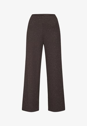 Bukser med vide ben lavet af mørkebrun stof med et subtilt teksturmønster, komfortabel elastik i taljen og en glat finish.