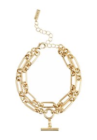 Guldtonad metallarmband med avlånga länkar, en cirkulär koppling och ett toggelås, med en slät, polerad yta.