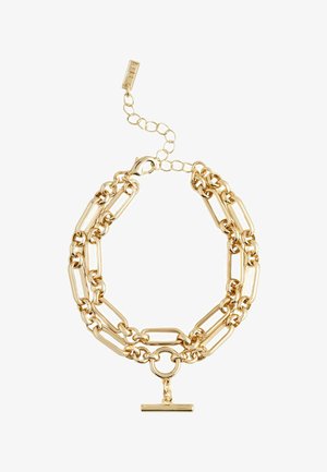Bracelet en métal doré comprenant des maillons allongés, un connecteur circulaire et un fermoir à bascule, avec une finition lisse et polie.
