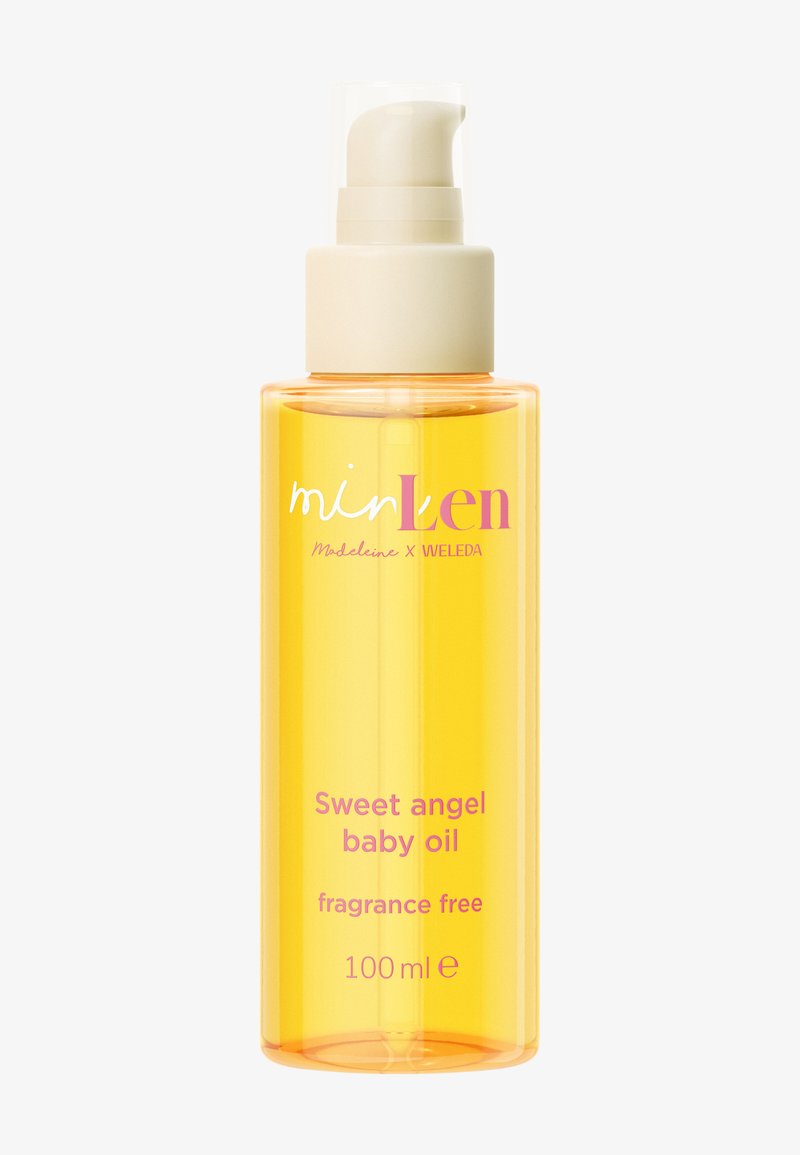Flacon pompe transparent d'huile pour bébé "Sweet angel" sans parfum de Mirlen, contenant une huile jaune, volume de 100 ml.