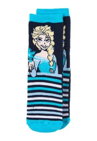 Calcetines a rayas azules y marinos con una ilustración de un personaje. Tejido suave de punto con un puño turquesa, que resalta colores y diseños vibrantes.