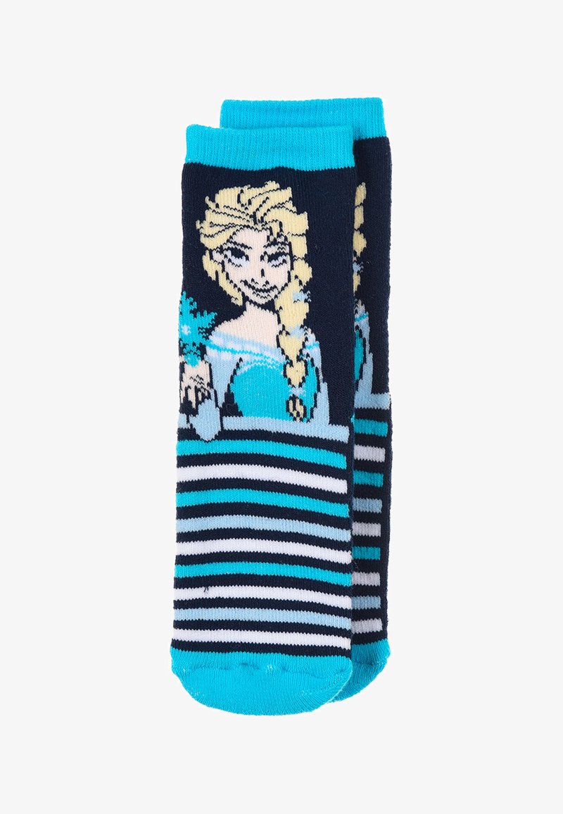 Calze a righe blu e navy con illustrazione di un personaggio. Tessuto lavorato a maglia morbido con un polsino turchese, che mette in evidenza colori e design vivaci.