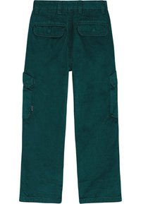 Tumman teal-väriset cargo-housut, joissa on sileä pinta, ja niissä on kaksi sivutaskua sekä kaksi takataskua. Suora lahjemuotoilu ja hyvin istuva vyötärö.