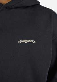 Black hoodie made of smooth fabric featuring a small, white embroidered "Pegador" logo on the chest. Classic fit with a kangaroo pocket.