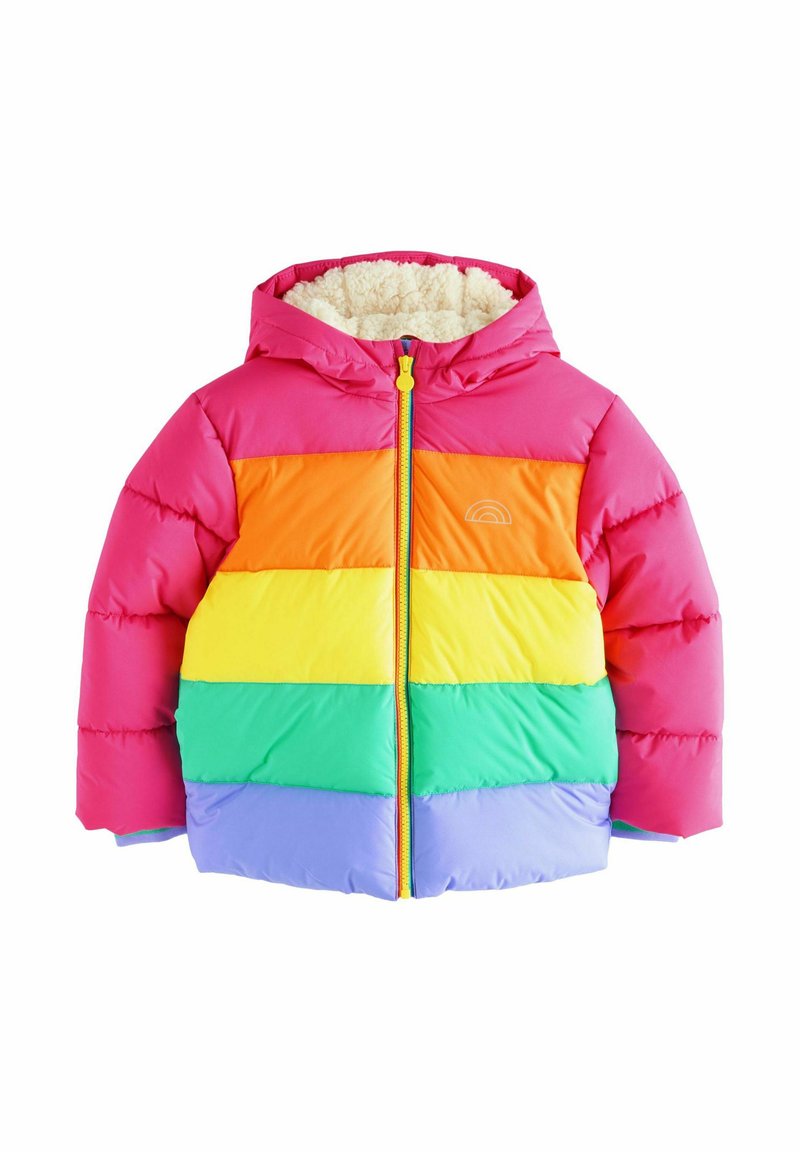 Gevoerde jas met een capuchon, felle roze, oranje, gele, groene en lichtblauwe horizontale strepen, met een ritssluiting en fleece voering.