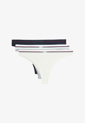 Three women's ribbed cotton thong panties in navy, white with red and blue stripes, and white with navy stripes, stacked side by side.