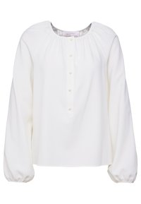 Blusa bianca con scollatura rotonda, chiusura frontale con bottoni e maniche arricciate. Tessuto liscio con una vestibilità ampia e un leggero lucido.