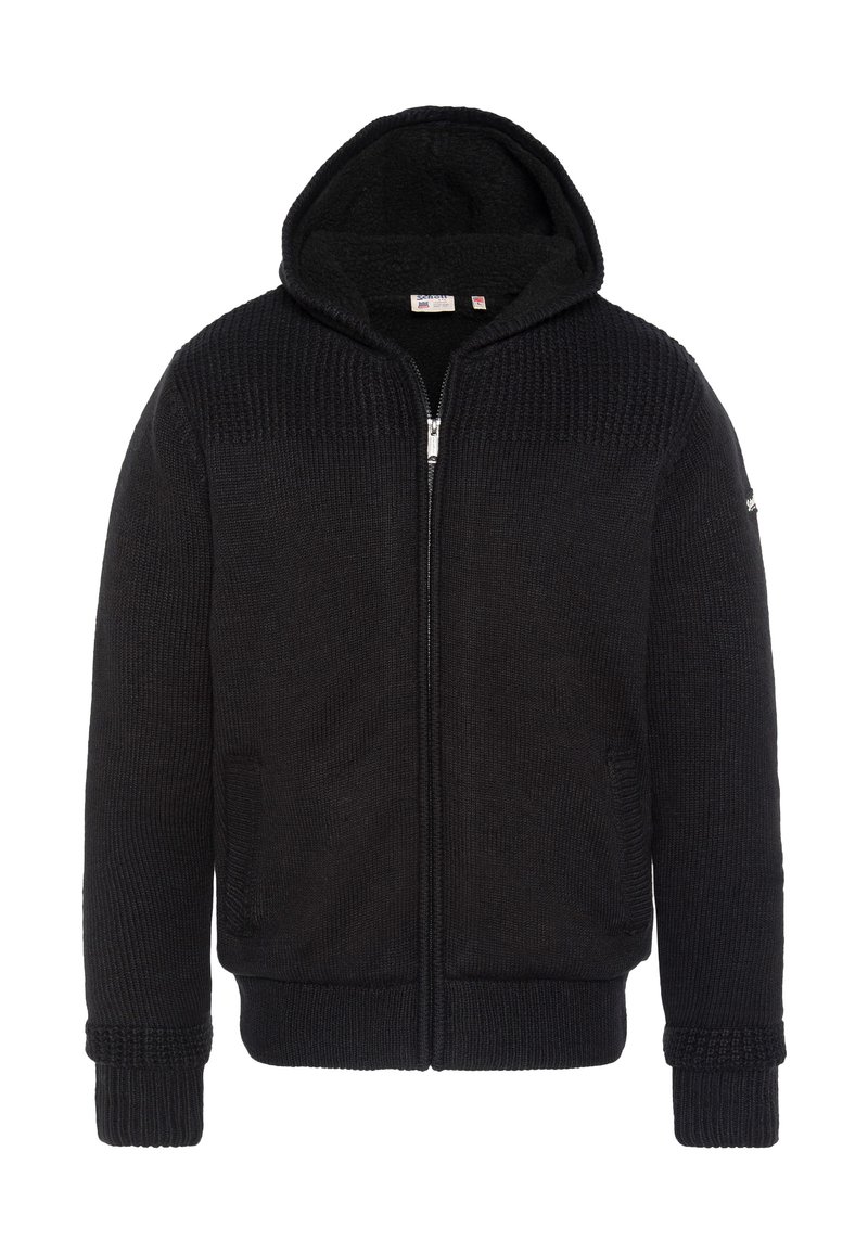 Czarna bluza z kapturem na zamek wykonana z dzianiny. Posiada fakturowany wzór na ramionach, boczne kieszenie oraz ściągacze na mankietach i dole bluzy.
