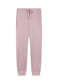 Joggers in morbido tessuto rosa chiaro con vita elasticizzata, fiocco in satin per il laccetto, tasche laterali e polsini alle caviglie.