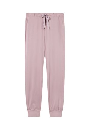 Joggers in morbido tessuto rosa chiaro con vita elasticizzata, fiocco in satin per il laccetto, tasche laterali e polsini alle caviglie.