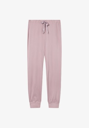 Joggers in morbido tessuto rosa chiaro con vita elasticizzata, fiocco in satin per il laccetto, tasche laterali e polsini alle caviglie.
