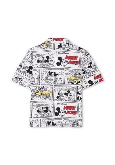 Korte mouwen shirt van gladde stof met zwart-wit stripprint en kleurrijke accenten, waarop Mickey Mouse in verschillende scènes is afgebeeld.