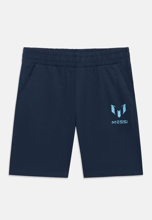 Marineblauwe shorts met elastische tailleband, zijzakken en een lichtblauw "MESSi"-logo op het rechterbeen.
