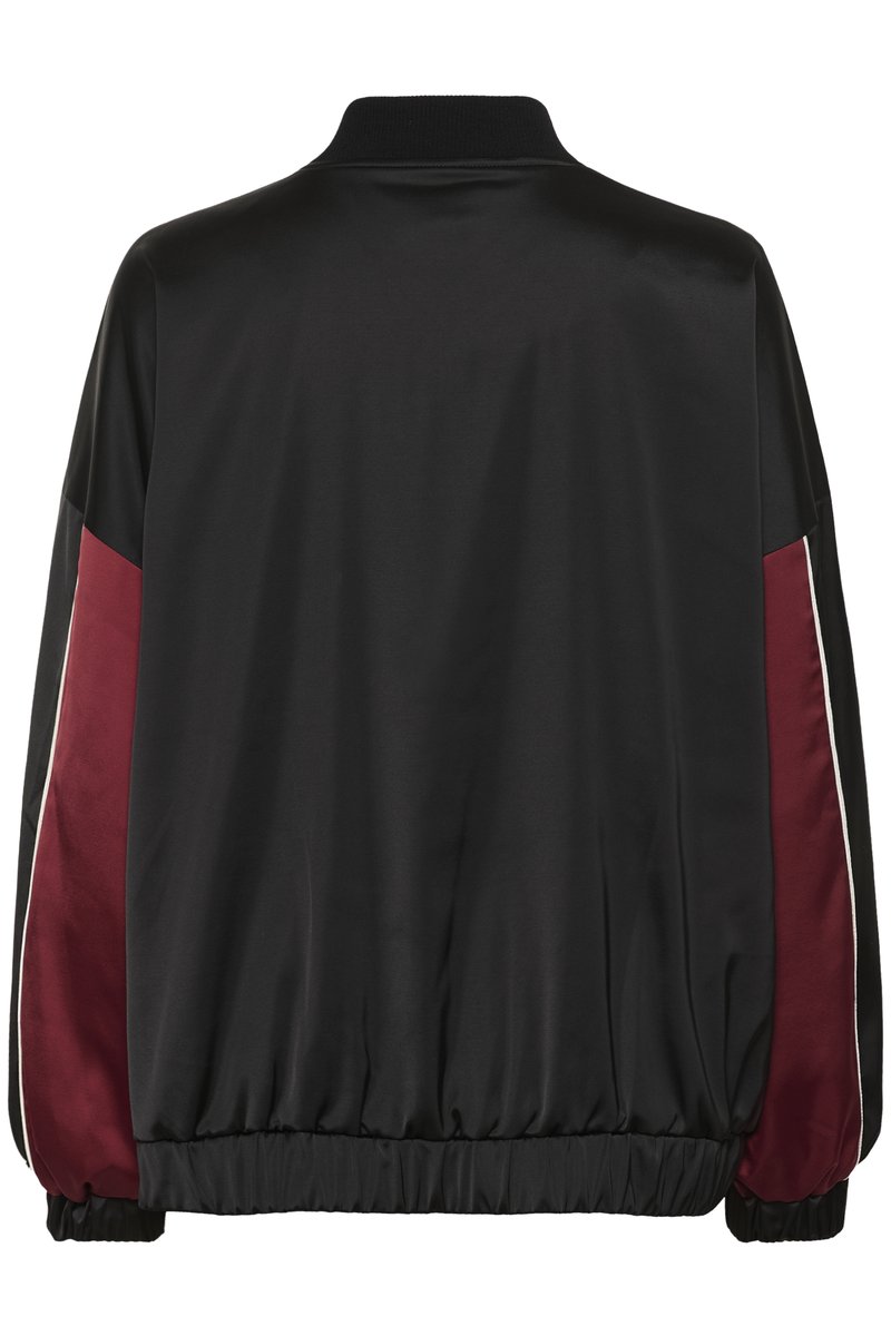 Black jacket with maroon panels on sleeves, elastic cuffs and hem, and a ribbed collar, shown from the back.