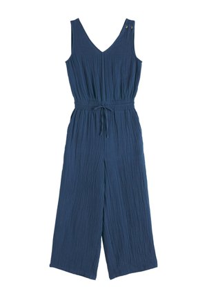 Salopetă bleumarin fără mâneci, cu textură, decolteu în V, detalii cu nasturi pe umărul stâng, talie elastică cu șnur și pantaloni largi.