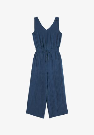Ærmeløs tekstureret jumpsuit i marineblå med V-udskæring, knapdetaljer på venstre skulder, elastisk talje med snøre og bukser med vide ben.