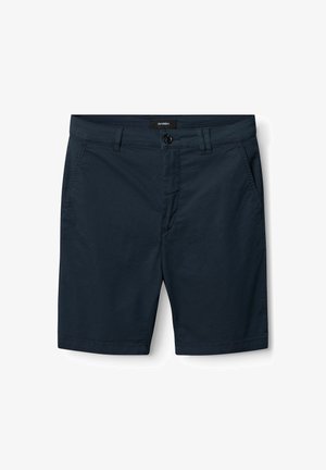 Tamsiai mėlyni šortai, pagaminti iš audinio medvilnės, su sagų uždarymu, dviem šoniniais kišenėmis ir švariomis kraštinėmis be raštų ar papuošimų.