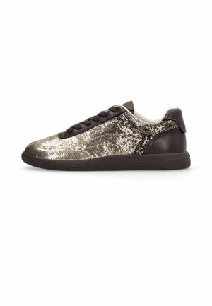 Low-top sneaker with dark brown sole and laces, featuring brown and gold sequin-covered upper and leather accents on heel and tongue.