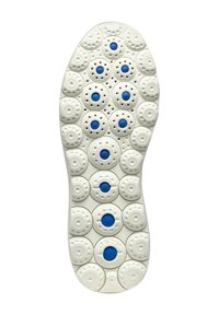 Suola di scarpa in gomma bianca con motivi circolari e ovali, con accenti blu al centro di alcuni cerchi e fori di ventilazione sparsi.