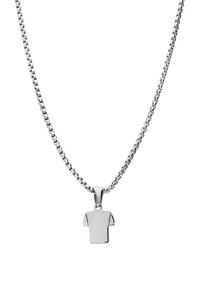 Zilveren ketting met een kleine, simplistische T-shirt hanger, een gladde oppervlakte en een gepolijste afwerking zonder zichtbare patronen of accenten.