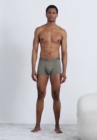 Ανδρικά μποξεράκια σε πράσινο με διακριτικό σχέδιο και ελαστική μέση που φέρει το λογότυπο της μάρκας. Το ύφασμα φαίνεται λείο και εφαρμοστό.