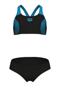 Schwarzes Badeoberteil mit blauen Akzenten und überkreuzten Trägern, kombiniert mit schwarzen Badehose. Beide bestehen aus glattem, dehnbarem Material.