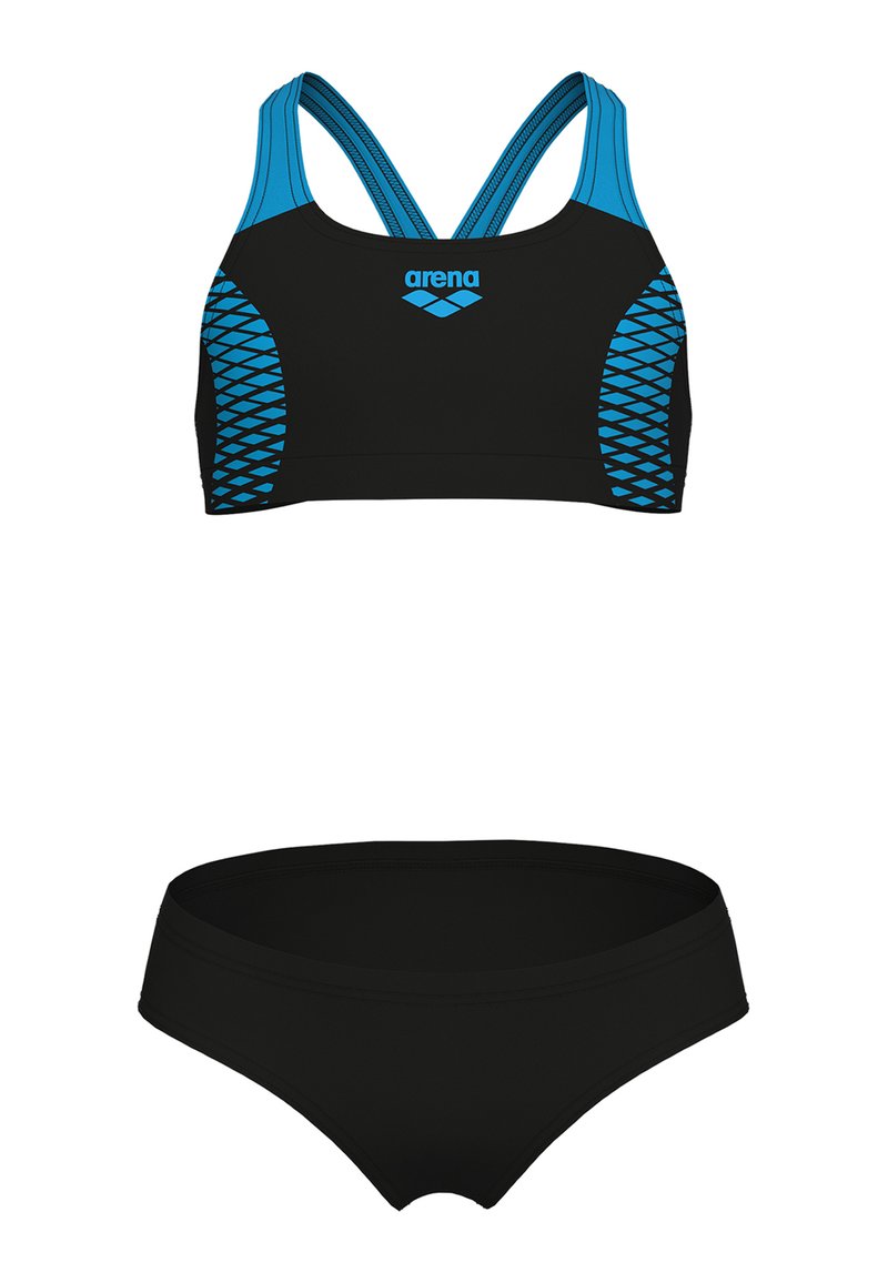 Schwarzes Badeoberteil mit blauen Akzenten und überkreuzten Trägern, kombiniert mit schwarzen Badehose. Beide bestehen aus glattem, dehnbarem Material.