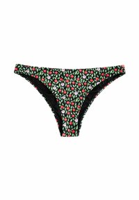Melns bikini apakšdaļa ar ziedu rakstu, kurā attēlotas sarkanas ķiršas un baltas puķes uz zaļa fona. Gluda auduma tekstūra.