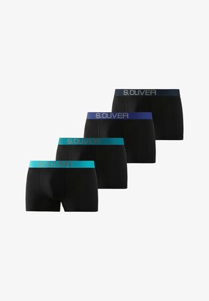 Black boxer shorts featuring elastic waistbands in blue, turquoise, and dark blue, with "S. OLIVER" printed in contrasting text.