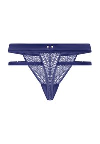 Lila Tanga mit einem Mesh-Einsatz und Rautenmuster, eleganten Satin-Seiten und kleinen metallischen Akzenten am Bund.
