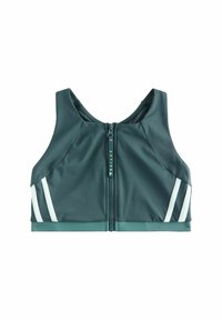 Grønblå sports-bh med lynlås foran, med hvide sidelister og en glat tekstur. Designet til aktivt brug med en tætsiddende pasform.