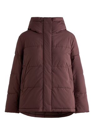 Giacca puffer bordeaux con cappuccio, caratterizzata da un design trapuntato, zip frontale e silhouette leggermente oversize. Tessuto liscio e morbido.