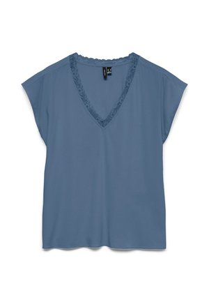 Blue short-sleeve blouse with V-neck lace trim and loose fit, displayed flat on white background.
